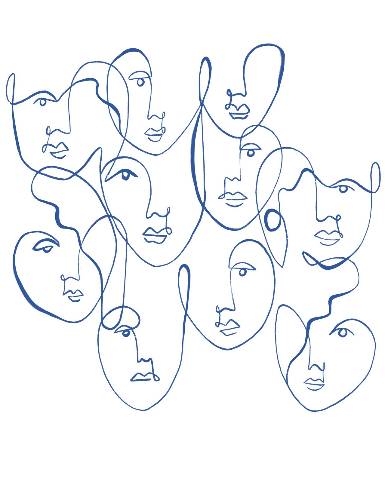 Abstract Blue Faces Line Art Wall Art