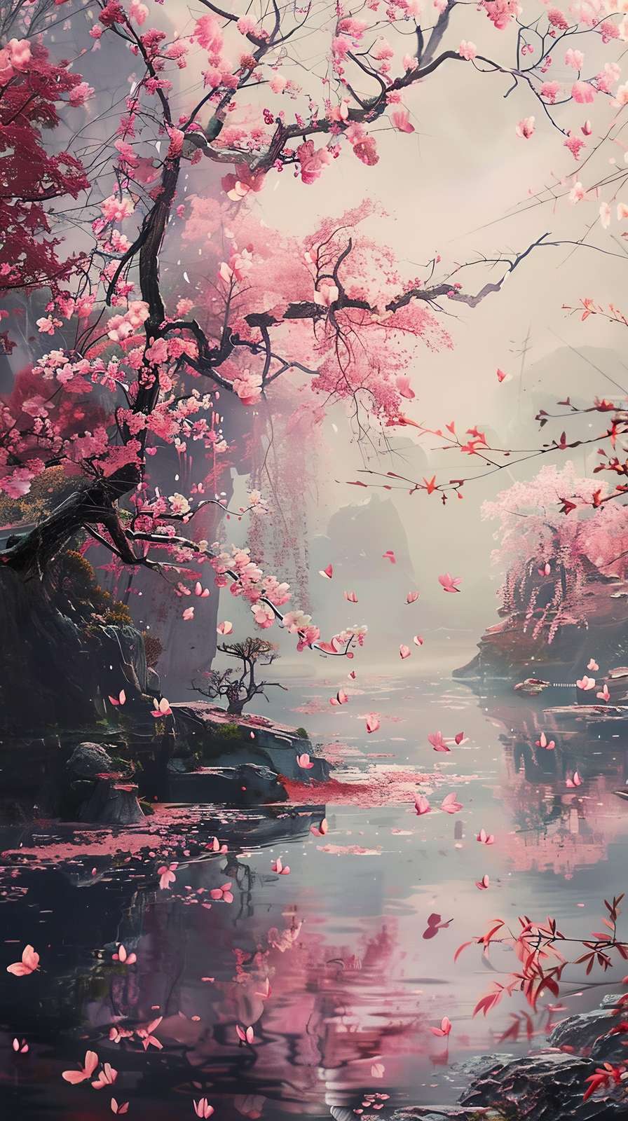 Serene Cherry Blossom Lake Wall Art