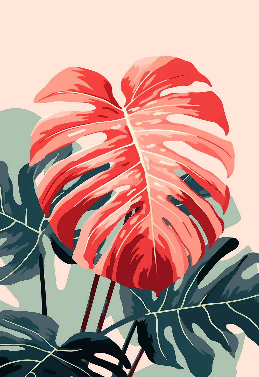 Vibrant Coral Monstera Tropical Leaf Wall Art