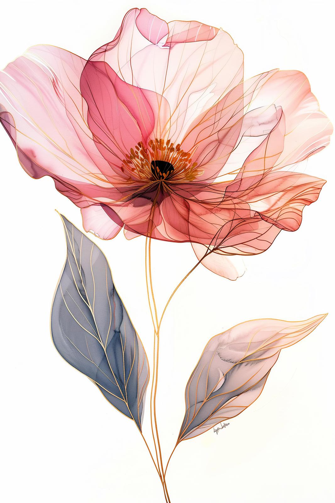 Elegant Pink Floral Gold Line Art Wall Art