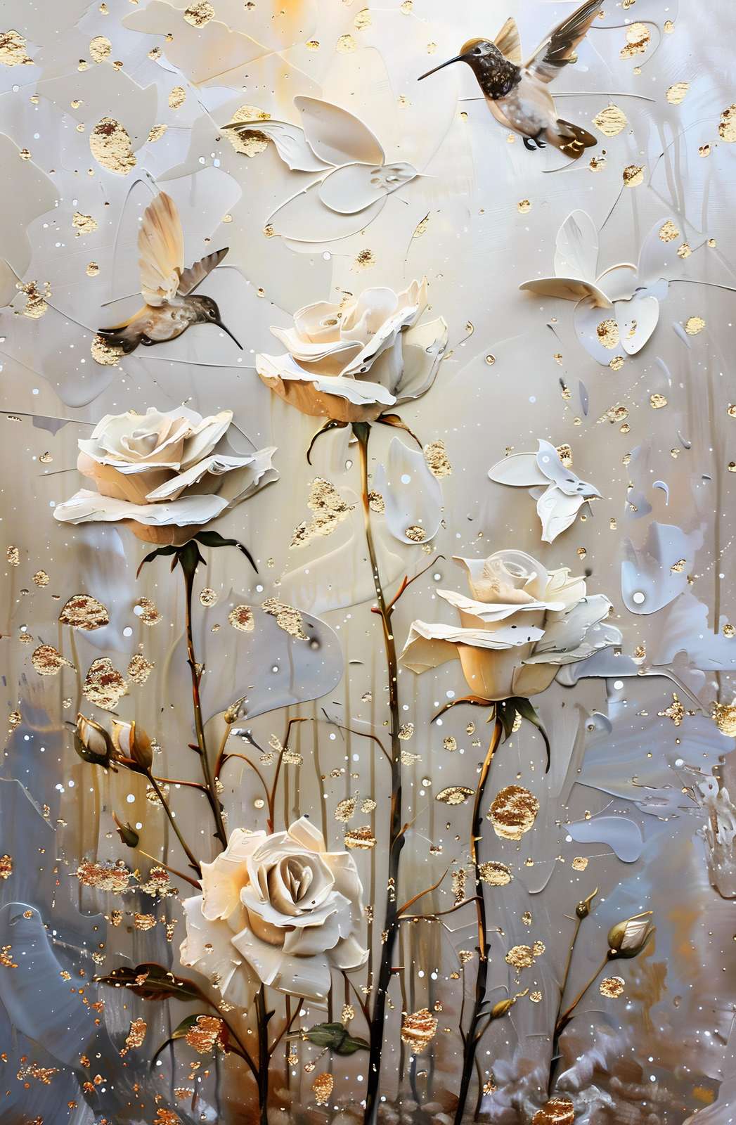Elegant Rose & Hummingbird Gold Speckled Wall Art