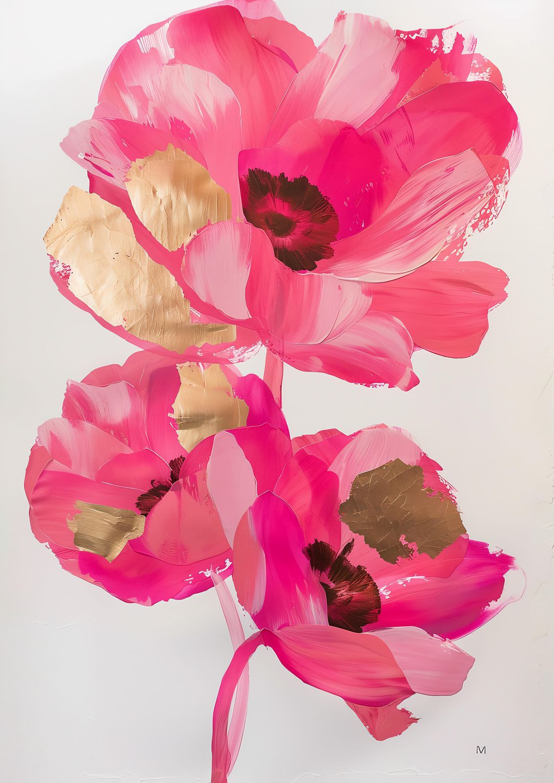 Vibrant Pink Floral Gold Leaf Wall Art