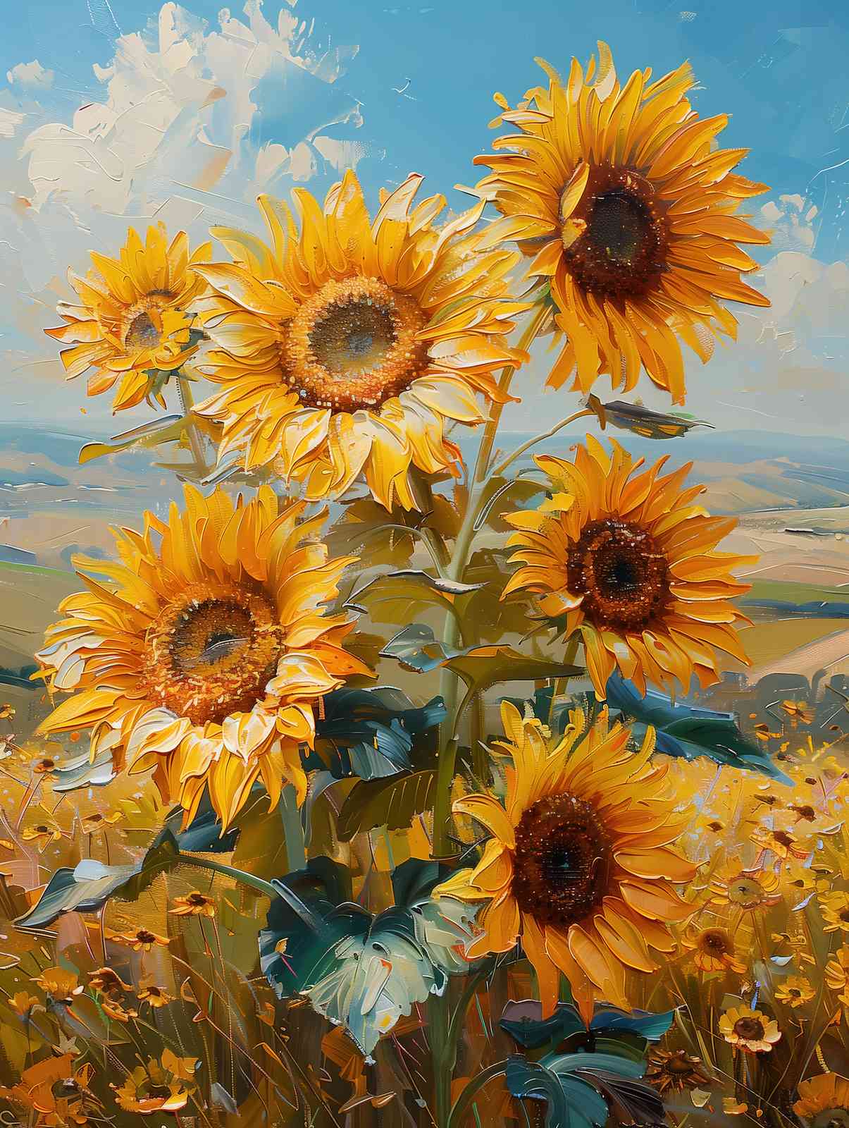 Vibrant Sunflower Field Textured Impasto Wall Art