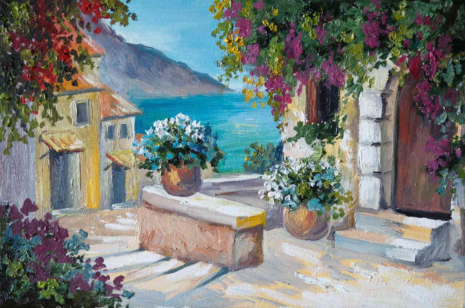 Mediterranean Courtyard Floral Scene Wall Art