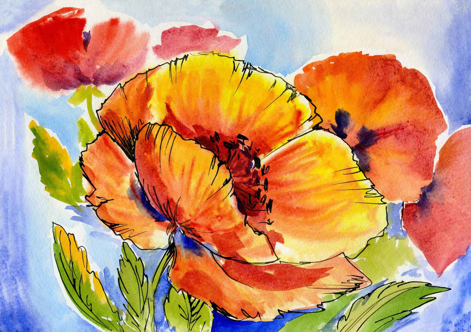 Vibrant Floral Watercolor Poppy Wall Art