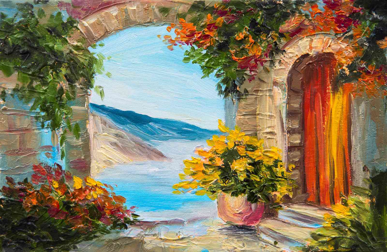 Mediterranean Archway Floral Seascape Wall Art