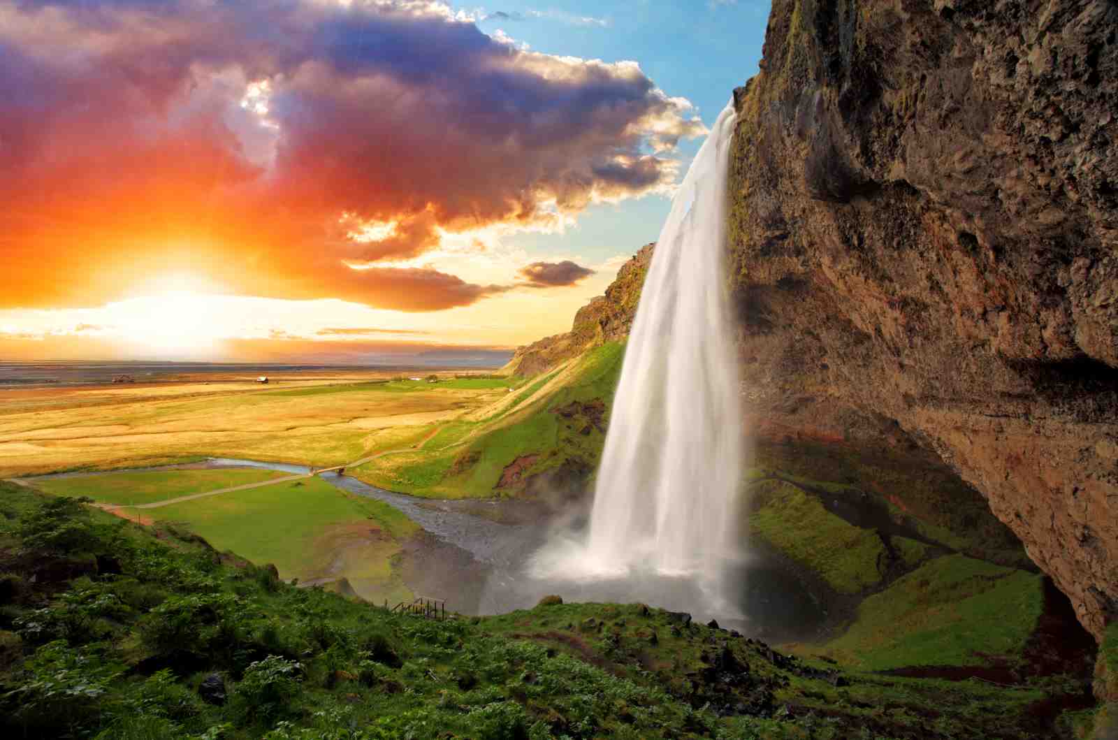 Majestic Waterfall Sunset Iceland Wall Art