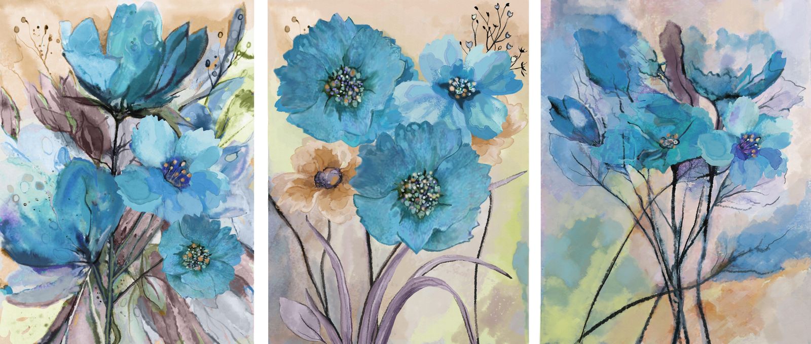 Vibrant Blue Floral Triptych Wall Art