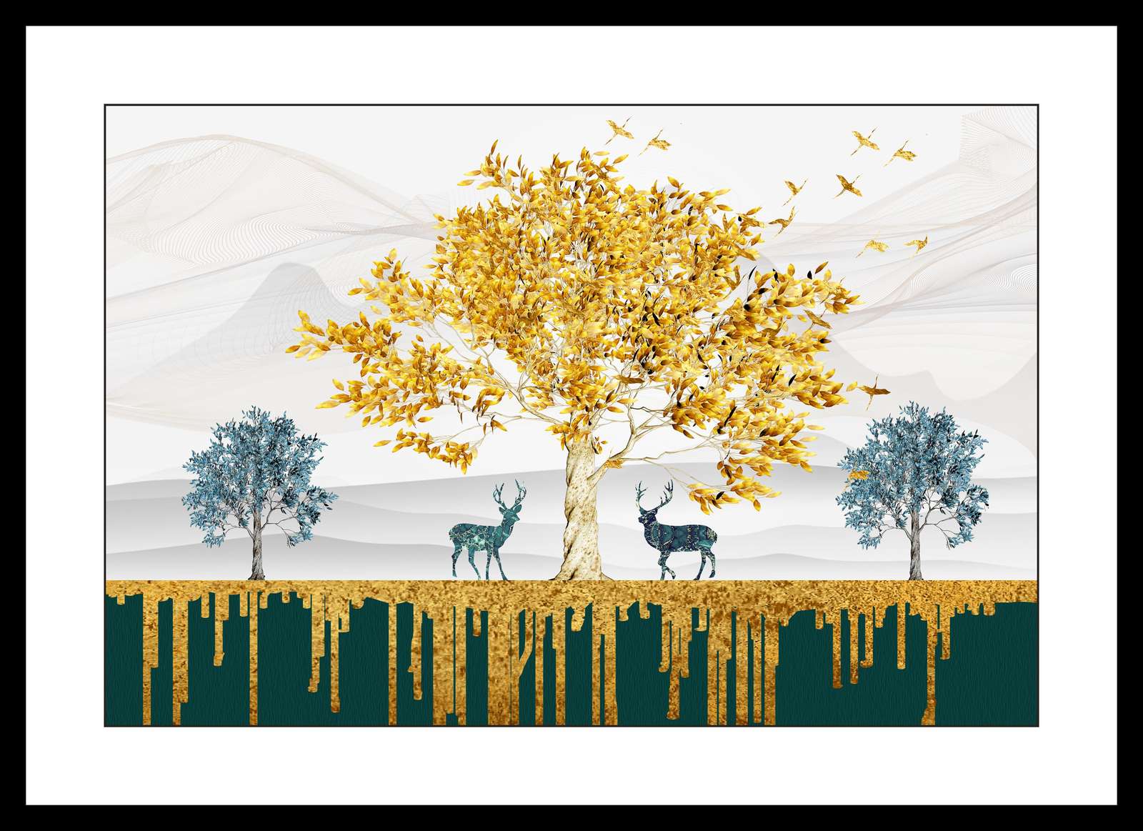 Golden Autumn Deer Landscape Wall Art