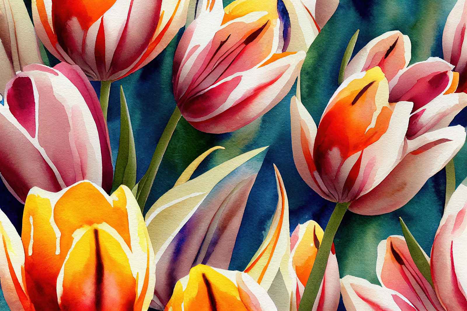 Vibrant Tulip Garden Watercolor Wall Art