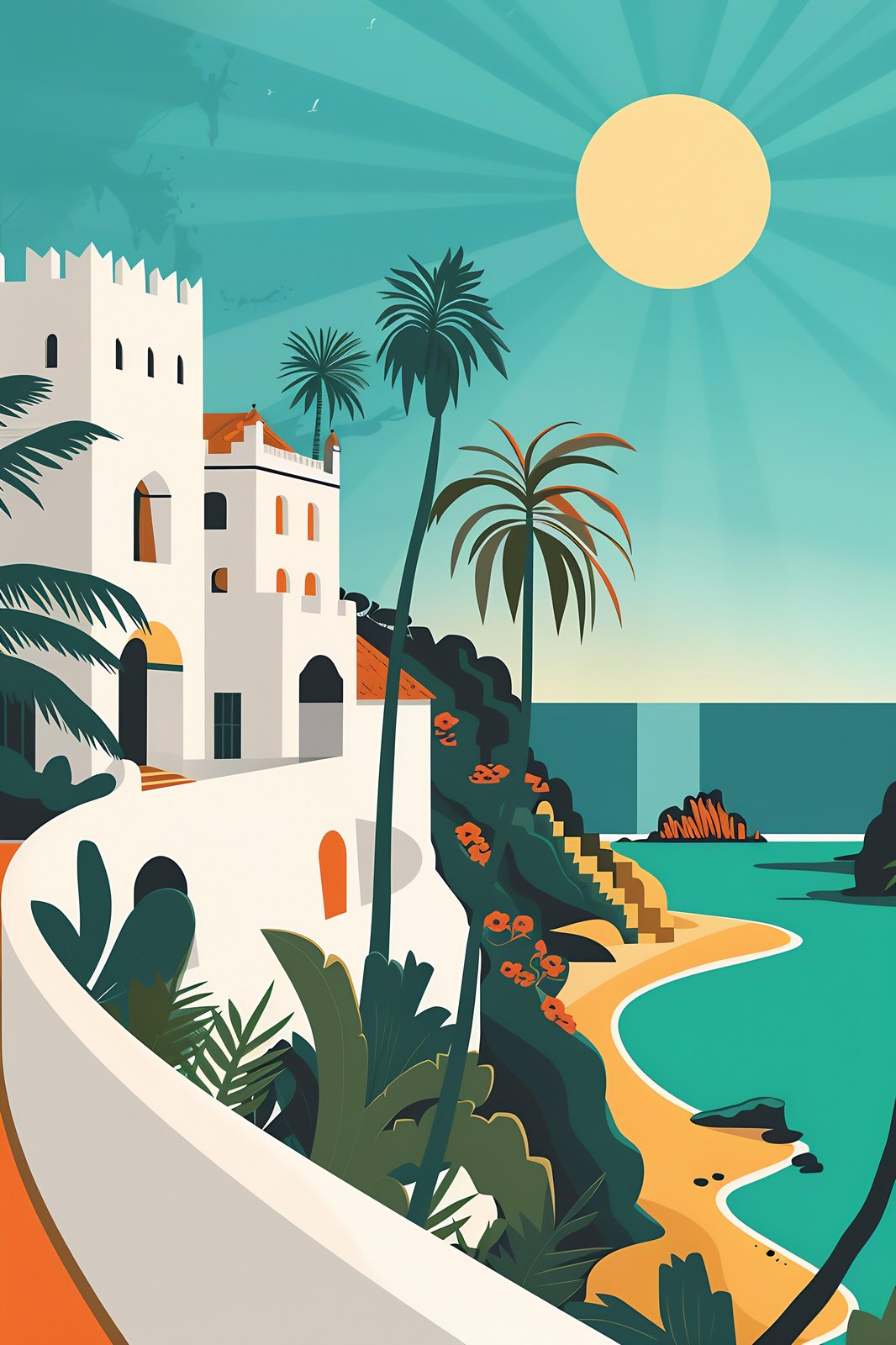 Coastal Paradise Villa Palm Trees Wall Art