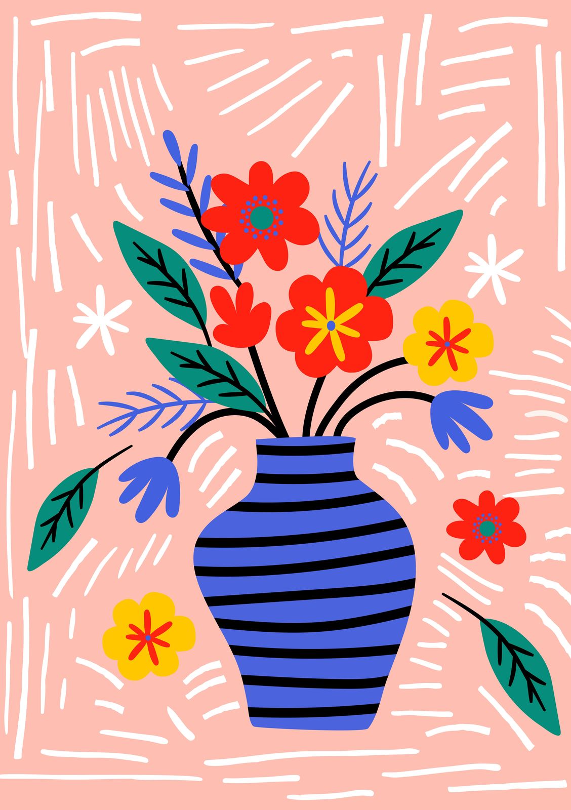 Vibrant Floral Bouquet Blue Striped Vase Wall Art