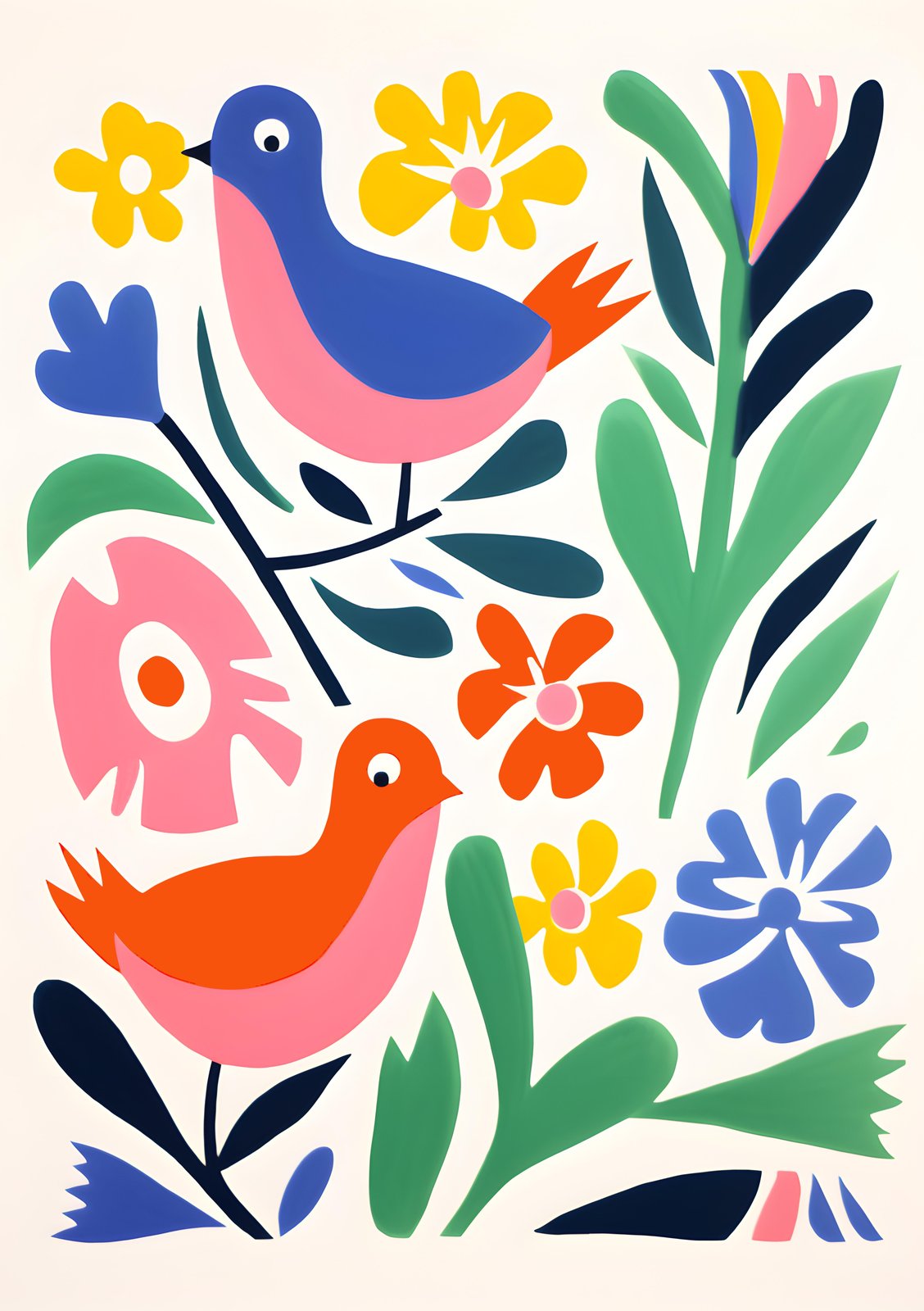 Whimsical Bird & Floral Abstract Wall Art