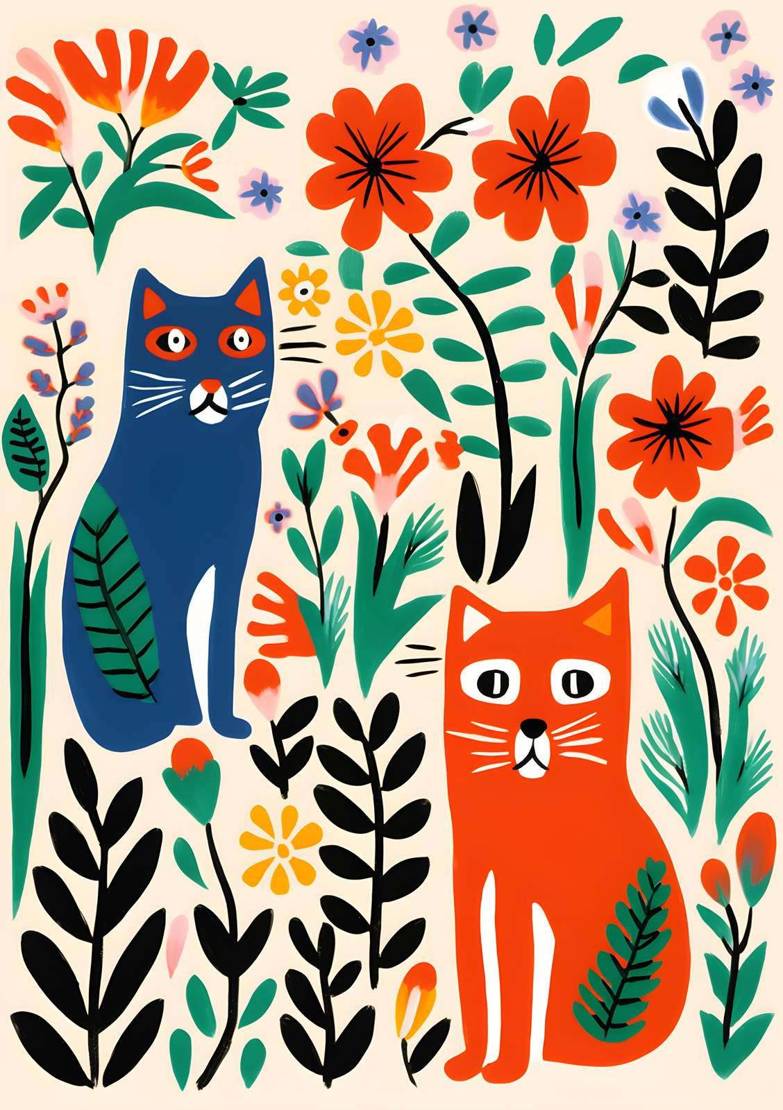 Whimsical Cats Floral Garden Wall Art
