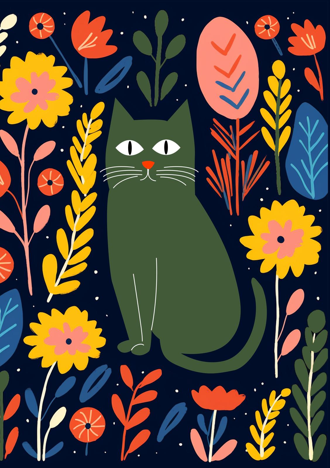 Whimsical Green Cat Floral Art Wall Art