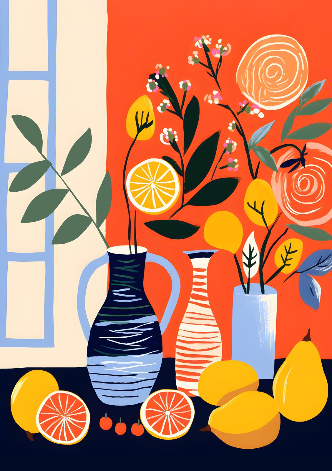 Vibrant Citrus & Floral Still Life Wall Art