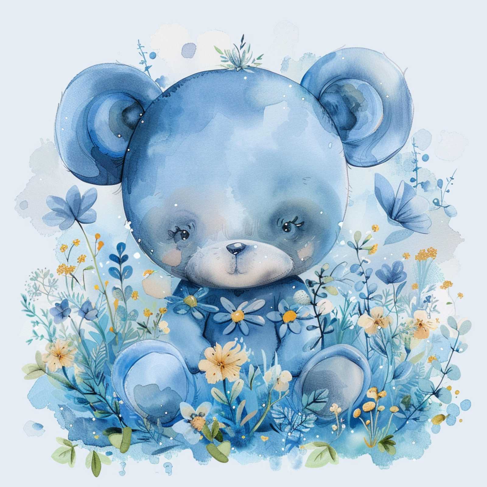 Enchanting Blue Bear & Flowers Wall Art
