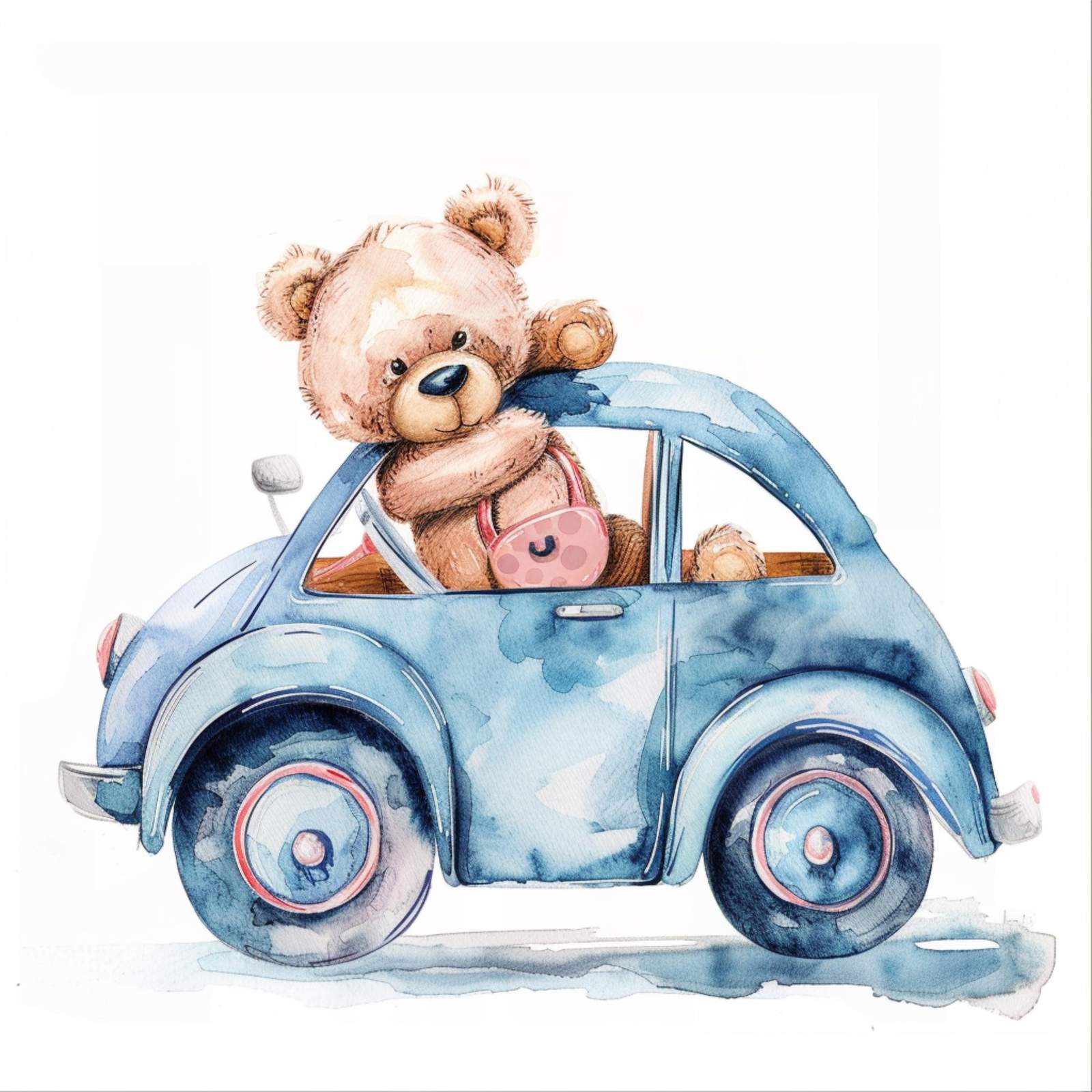Adorable Teddy Bear Driving Blue Car Wall Art