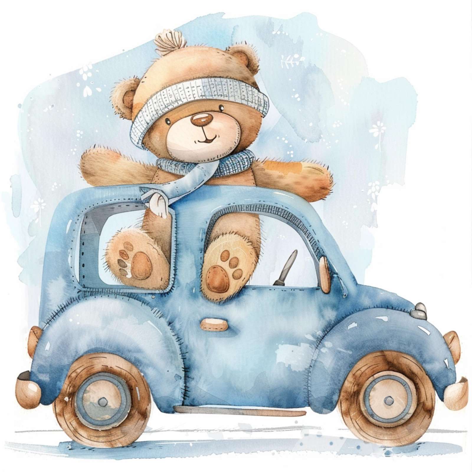 Adorable Teddy Bear Driving Blue Car Wall Art