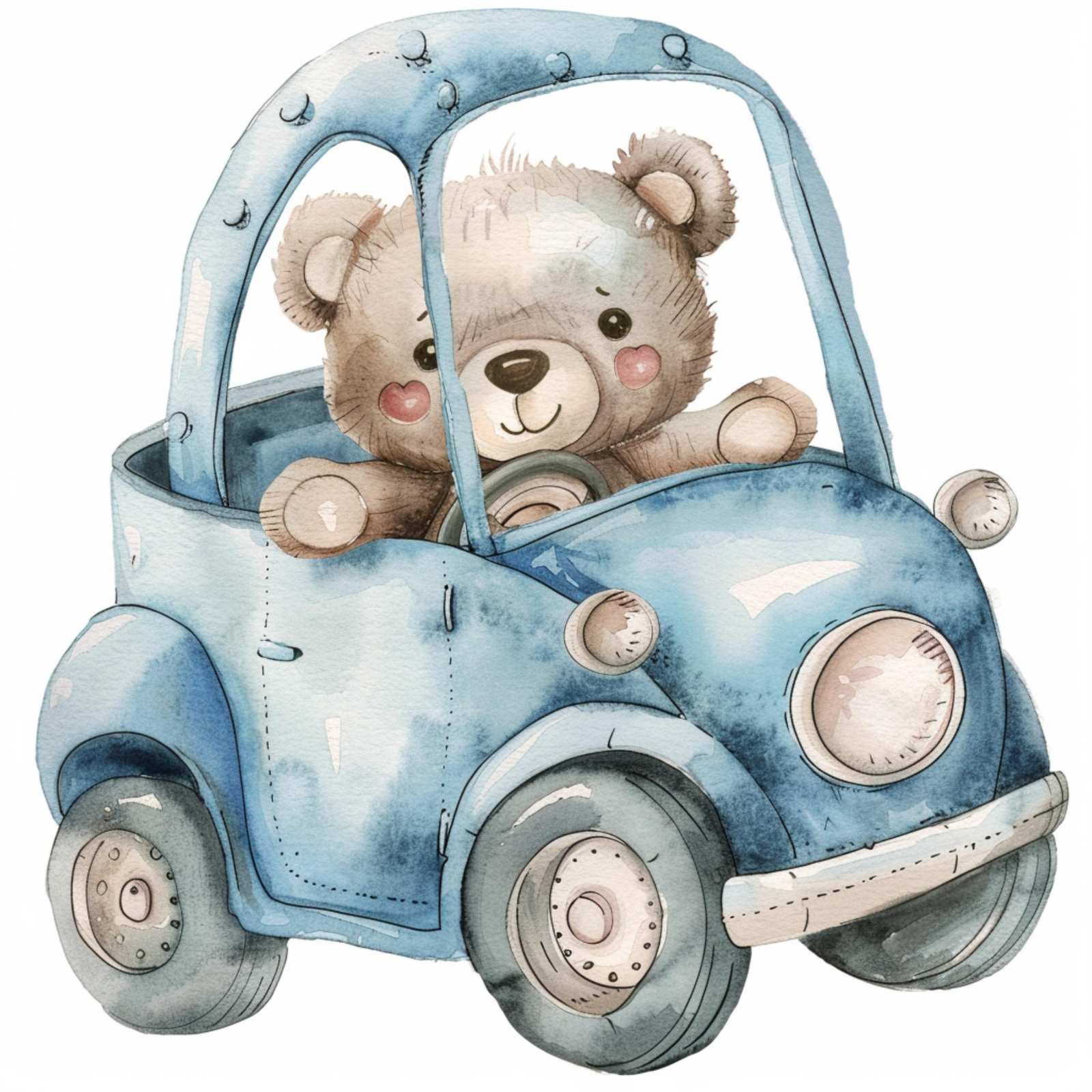 Cute Teddy Bear Driving Blue Car Wall Art