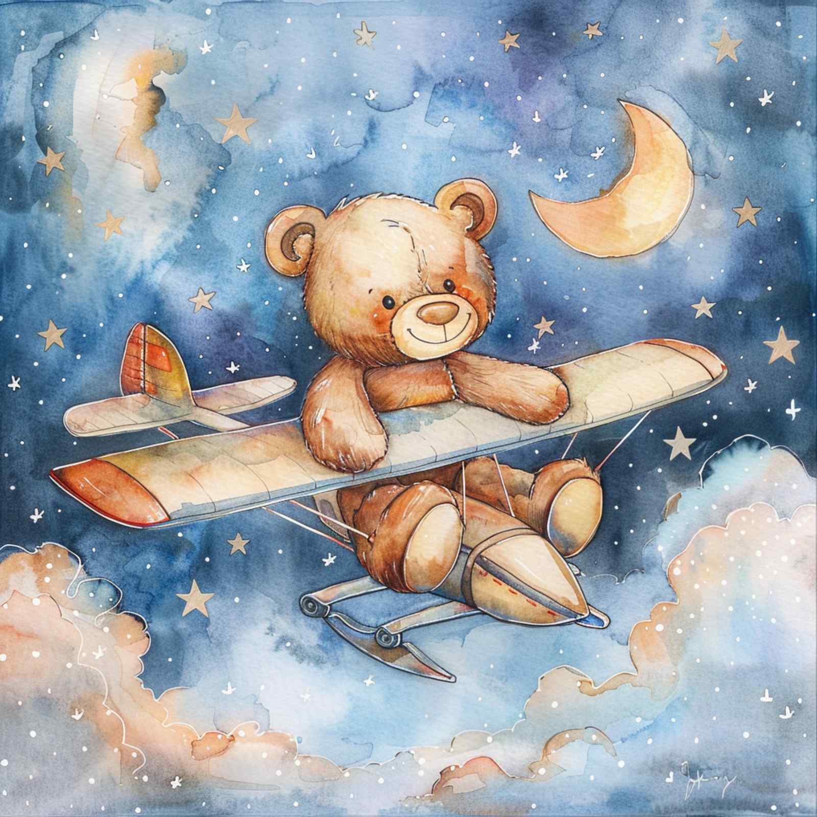 Dreamy Bear Pilot Watercolor Wall Art