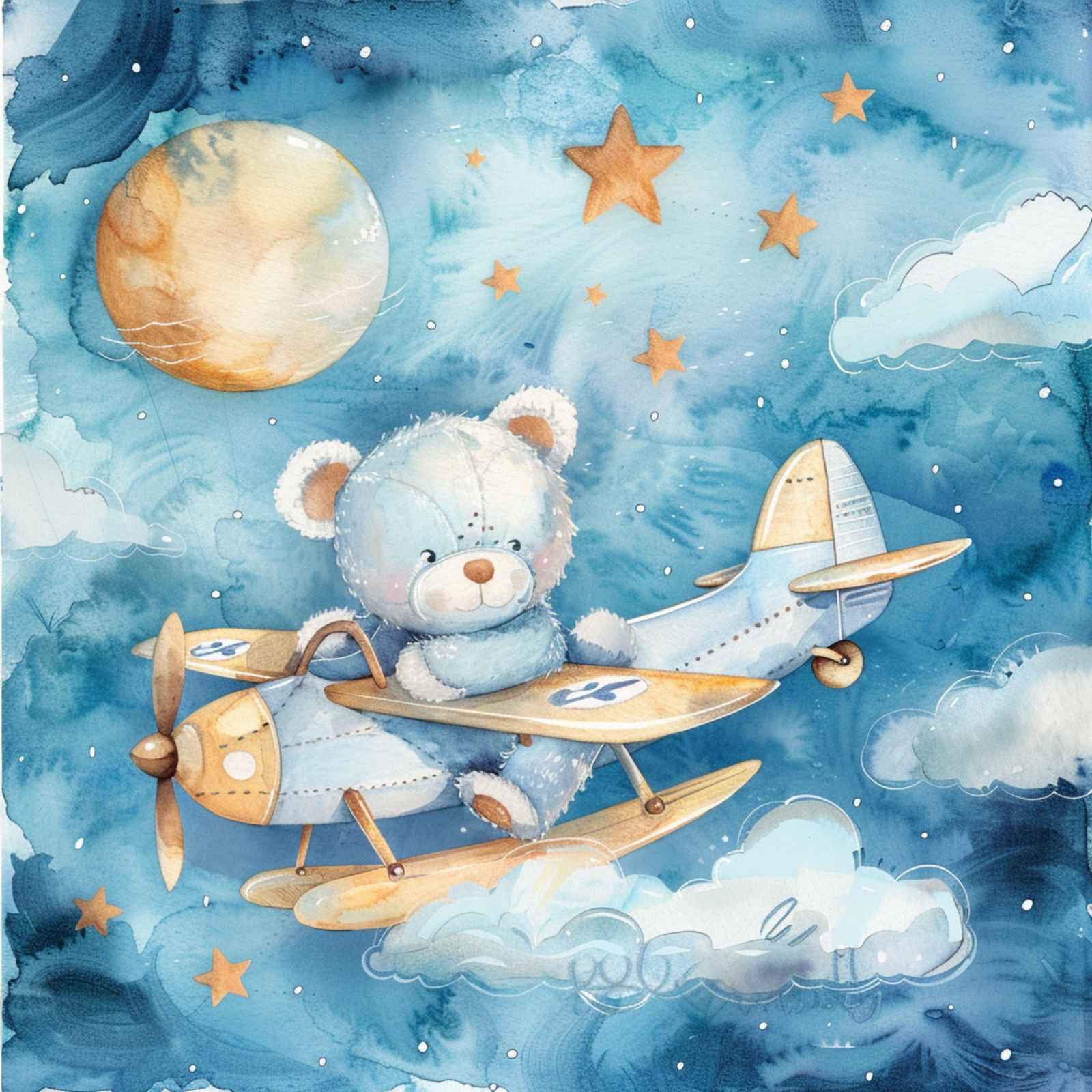 Dreamy Bear Pilot Adventure Watercolor Wall Art