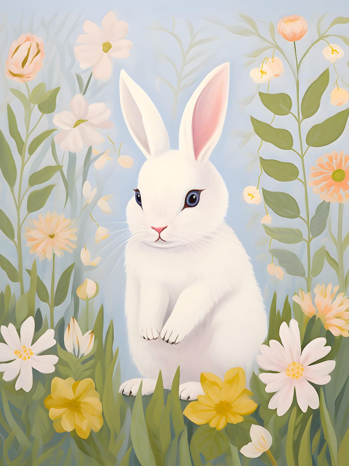 Charming White Bunny Floral Garden Wall Art