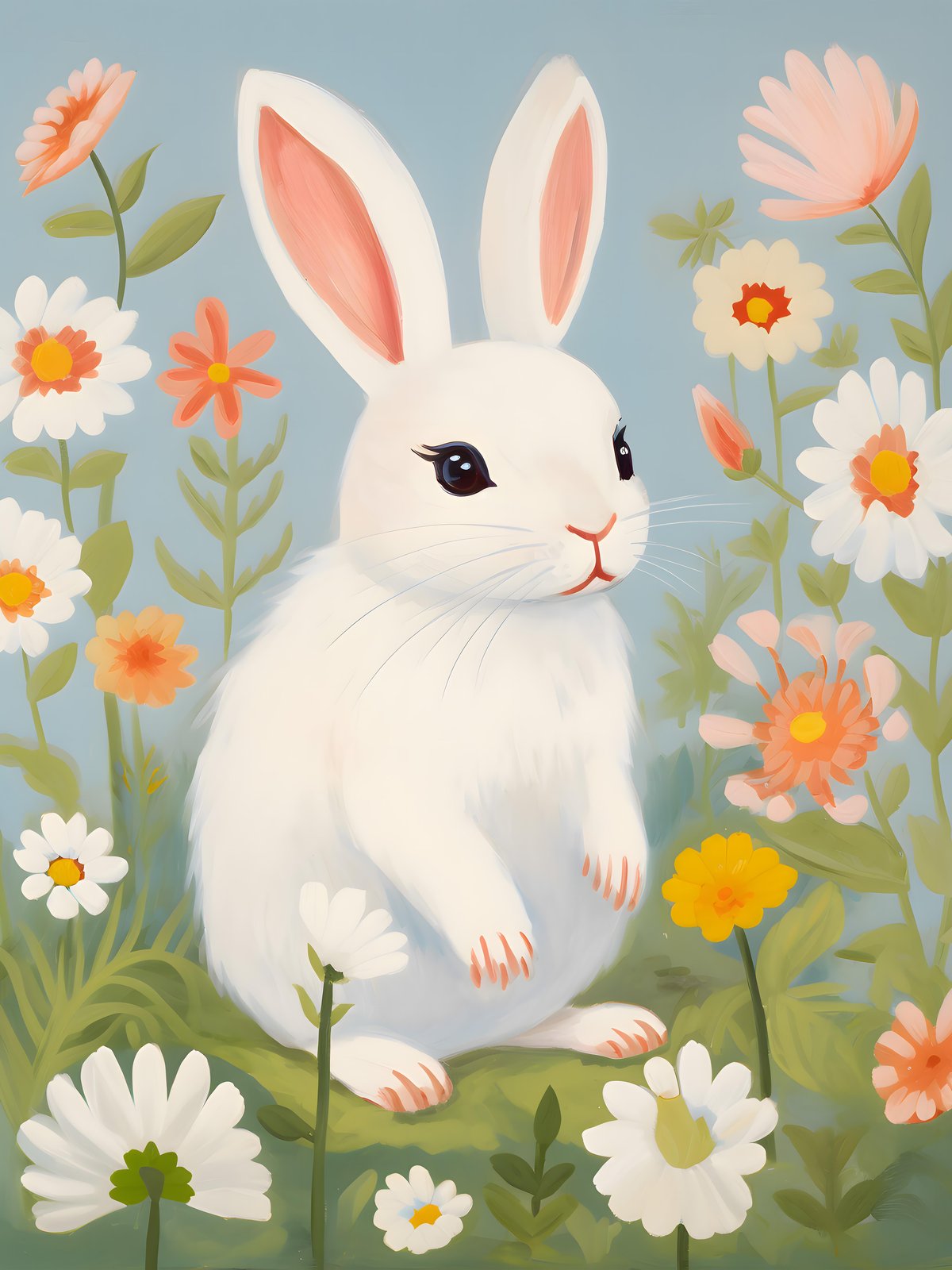 Charming White Bunny & Floral Field Wall Art