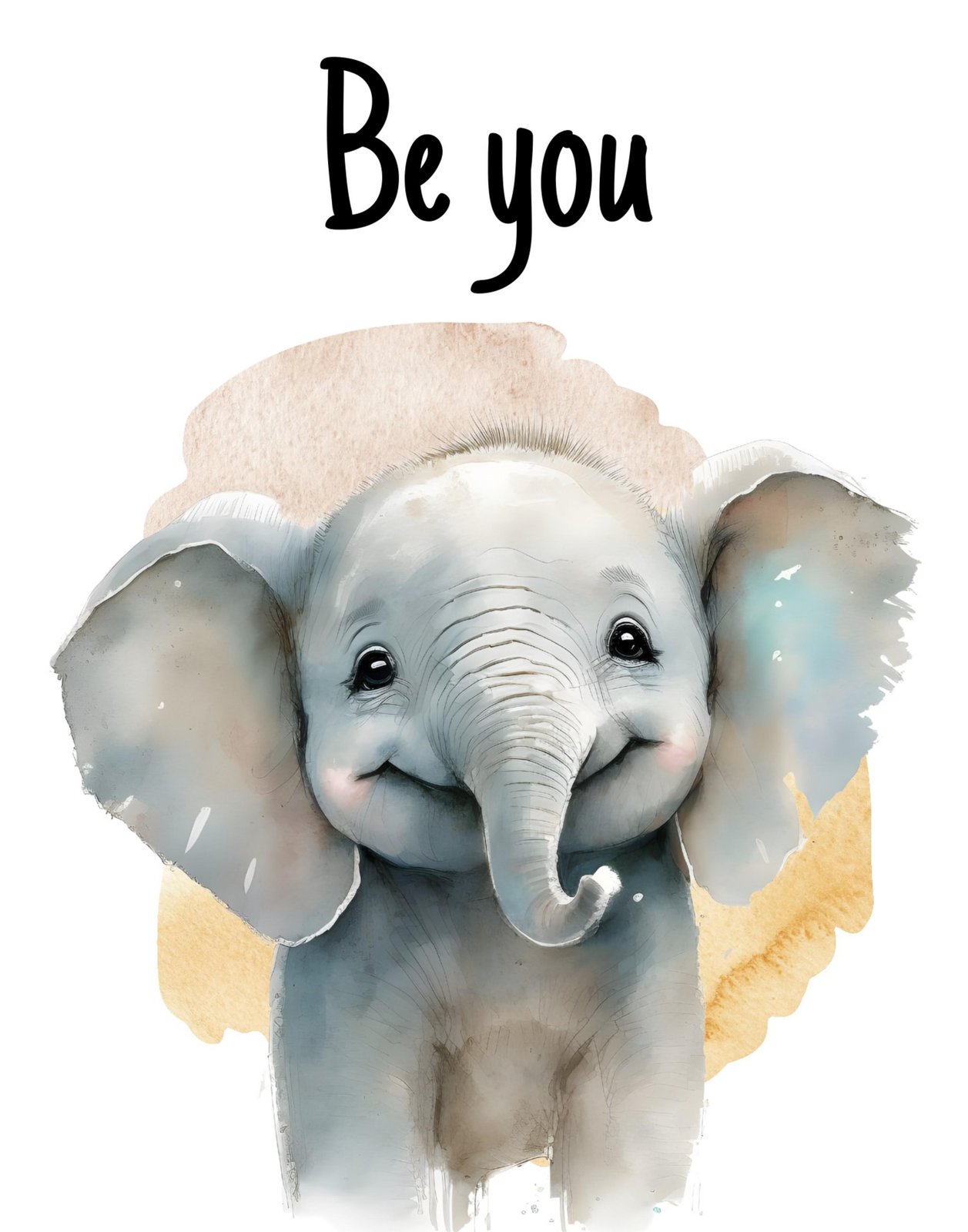 Adorable Baby Elephant "Be You" Watercolor Wall Art