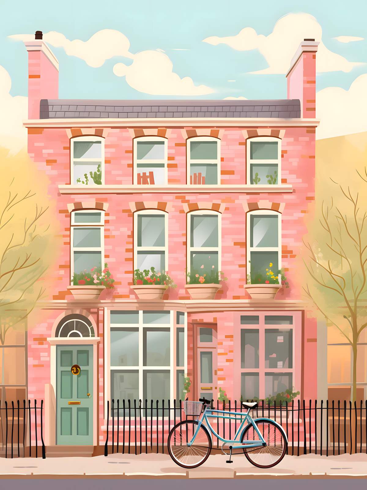 Charming Pink Townhouse & Bicycle Wall Art