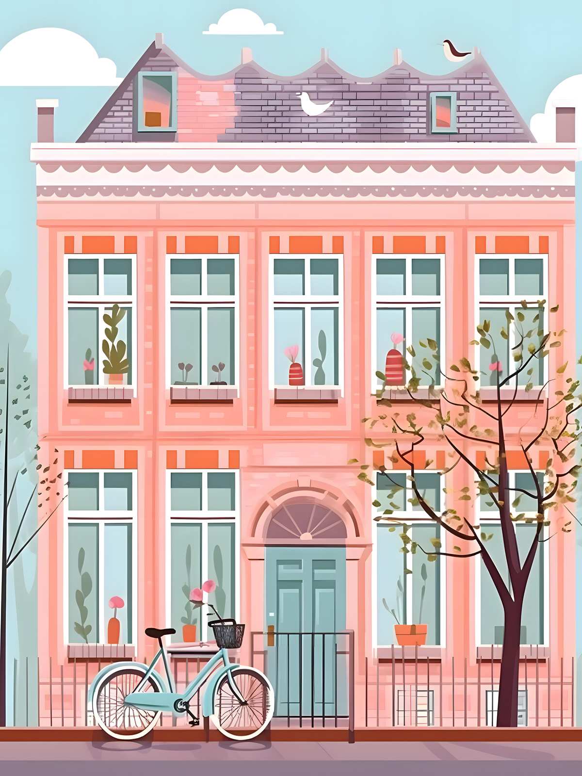 Charming Pink Townhouse Bicycle Wall Art