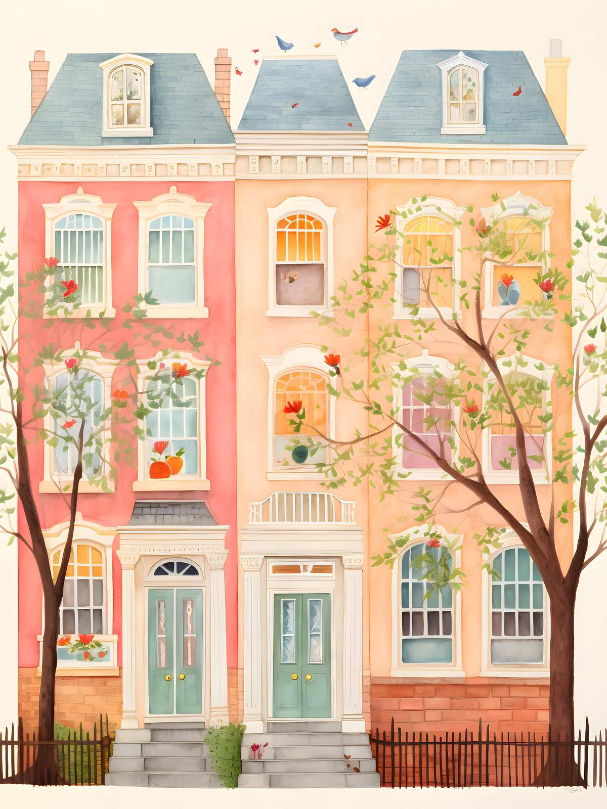 Charming Row Houses Watercolor Wall Art