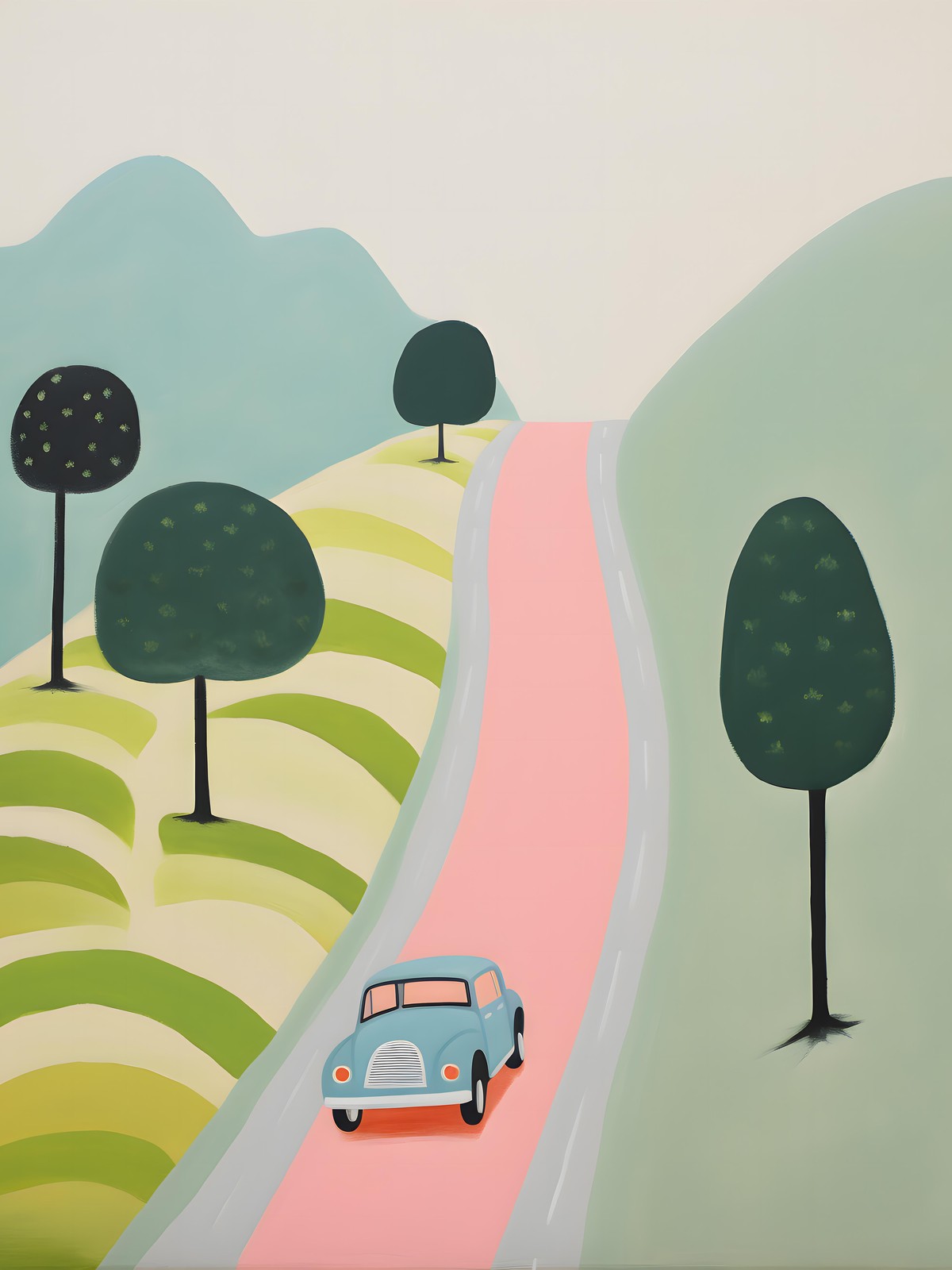 Retro Blue Car Scenic Road Landscape Wall Art