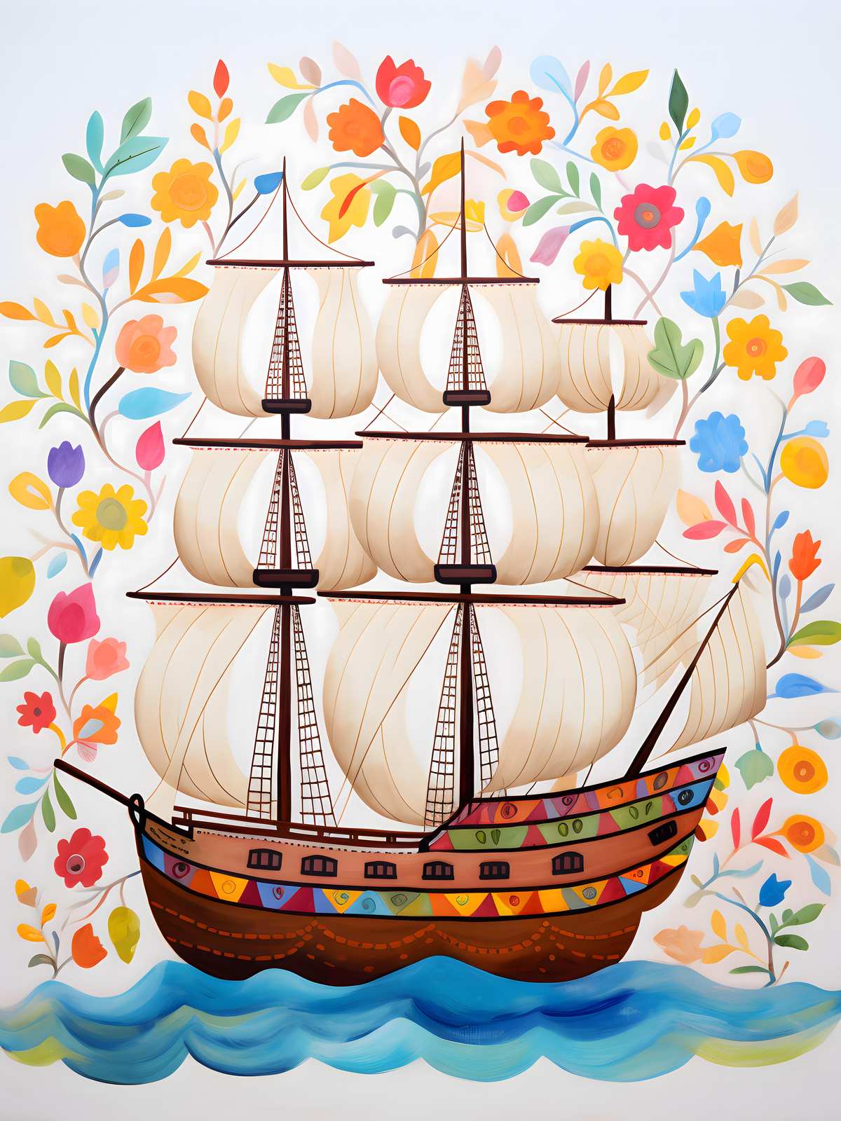 Vintage Ship Floral Whimsical Sailboat Wall Art