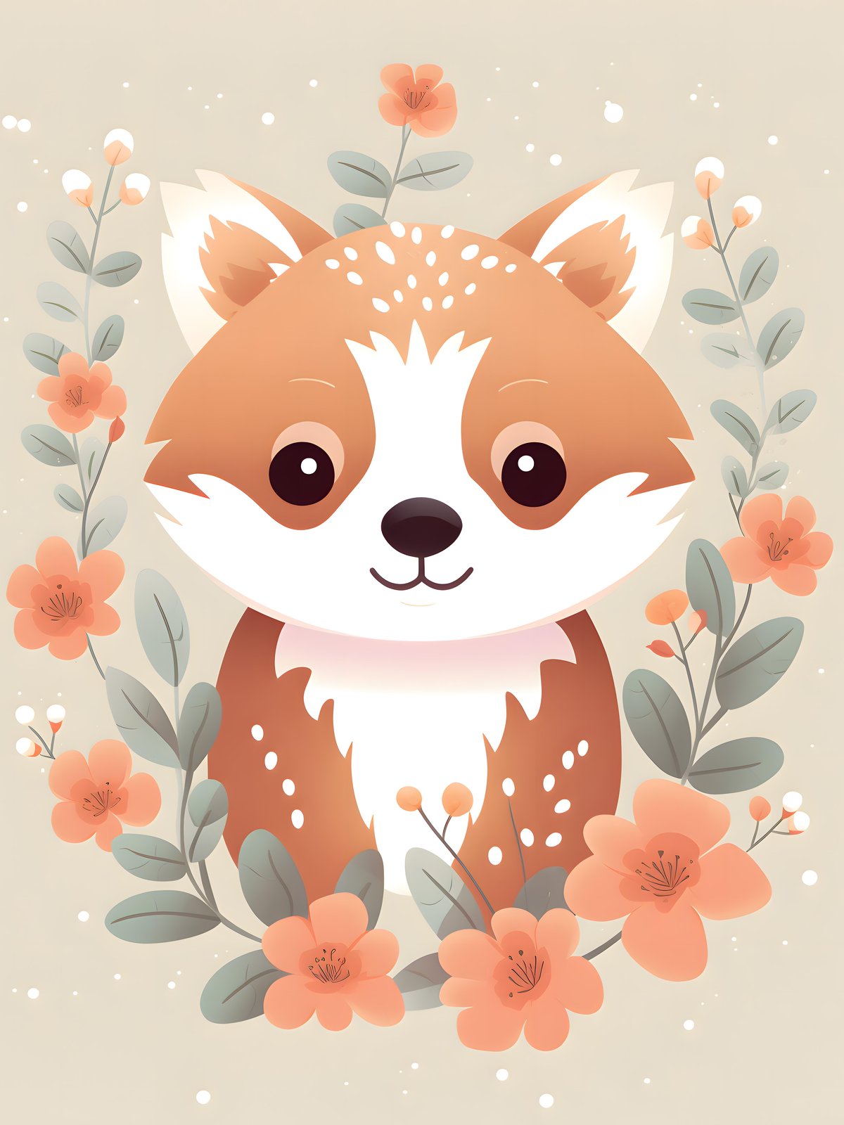 Cute Fox Floral Wreath Wall Art