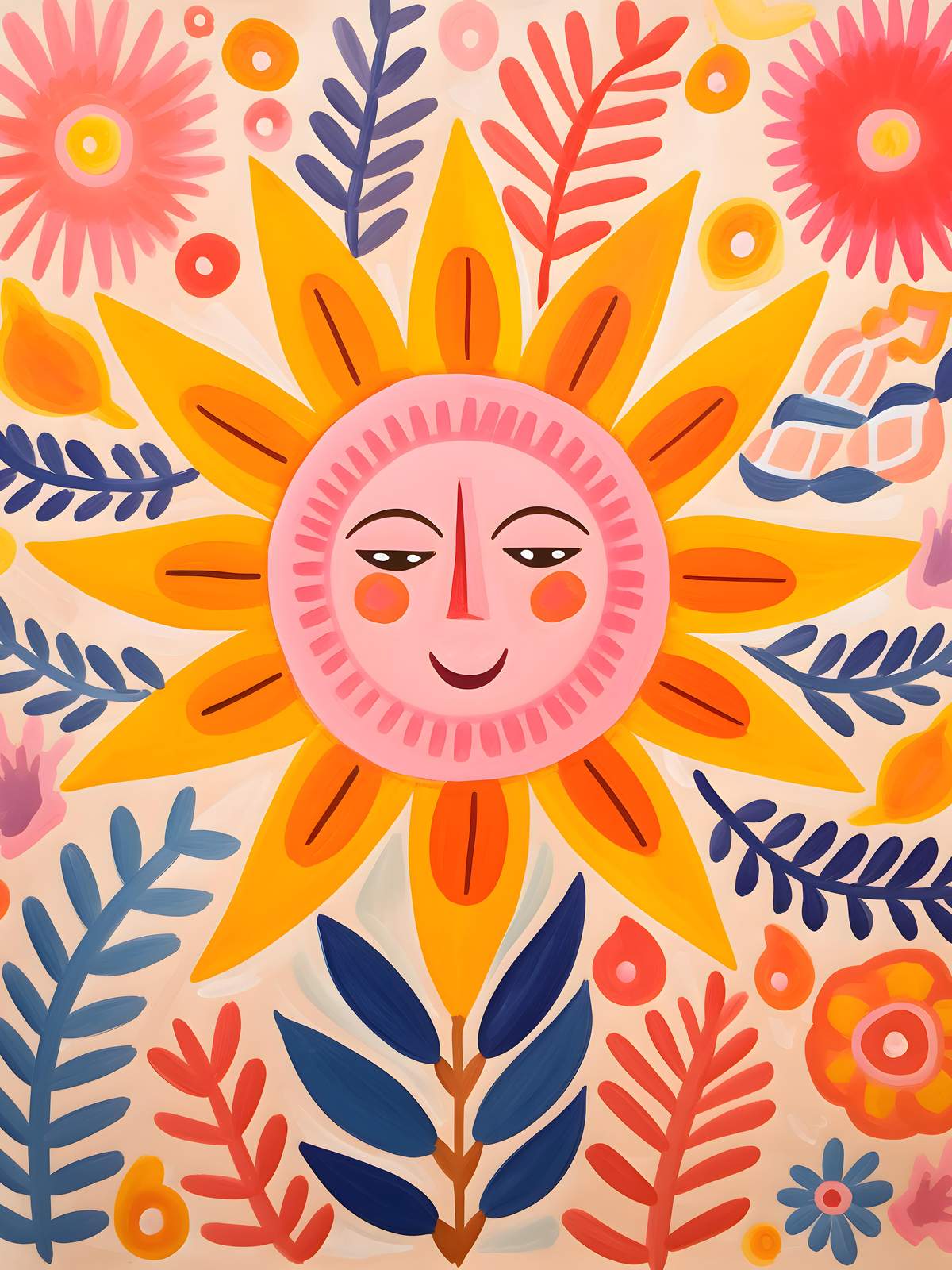 Whimsical Sun Face Floral Folk Art Wall Art