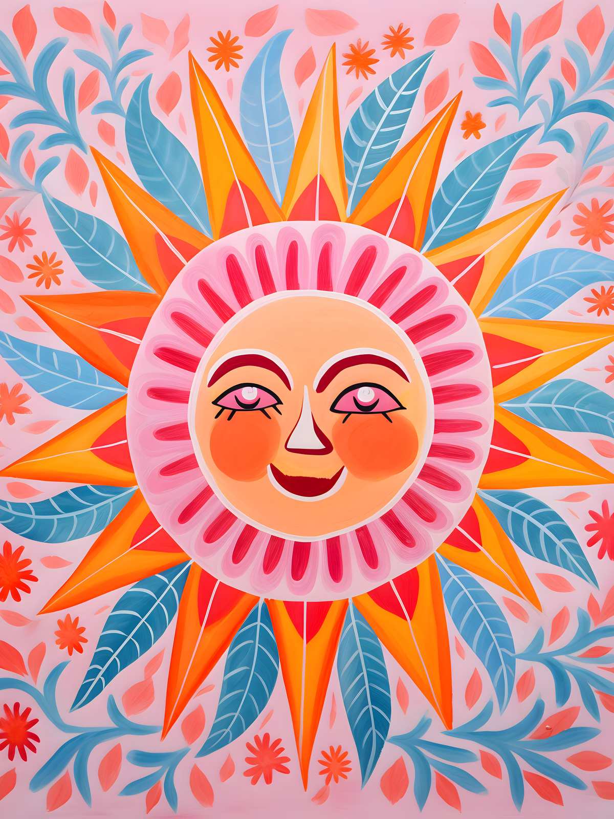 Whimsical Sun Face Floral Boho Wall Art