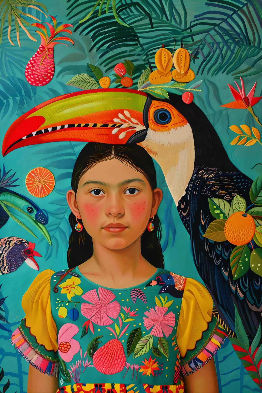 Vibrant Toucan & Girl Tropical Wall Art Wall Art