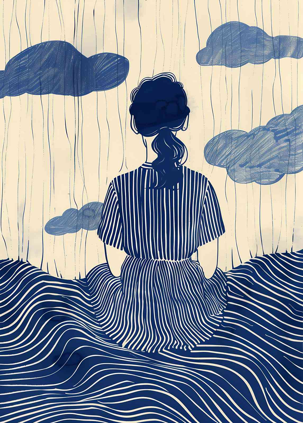 Serene Woman & Waves Blue Wall Art