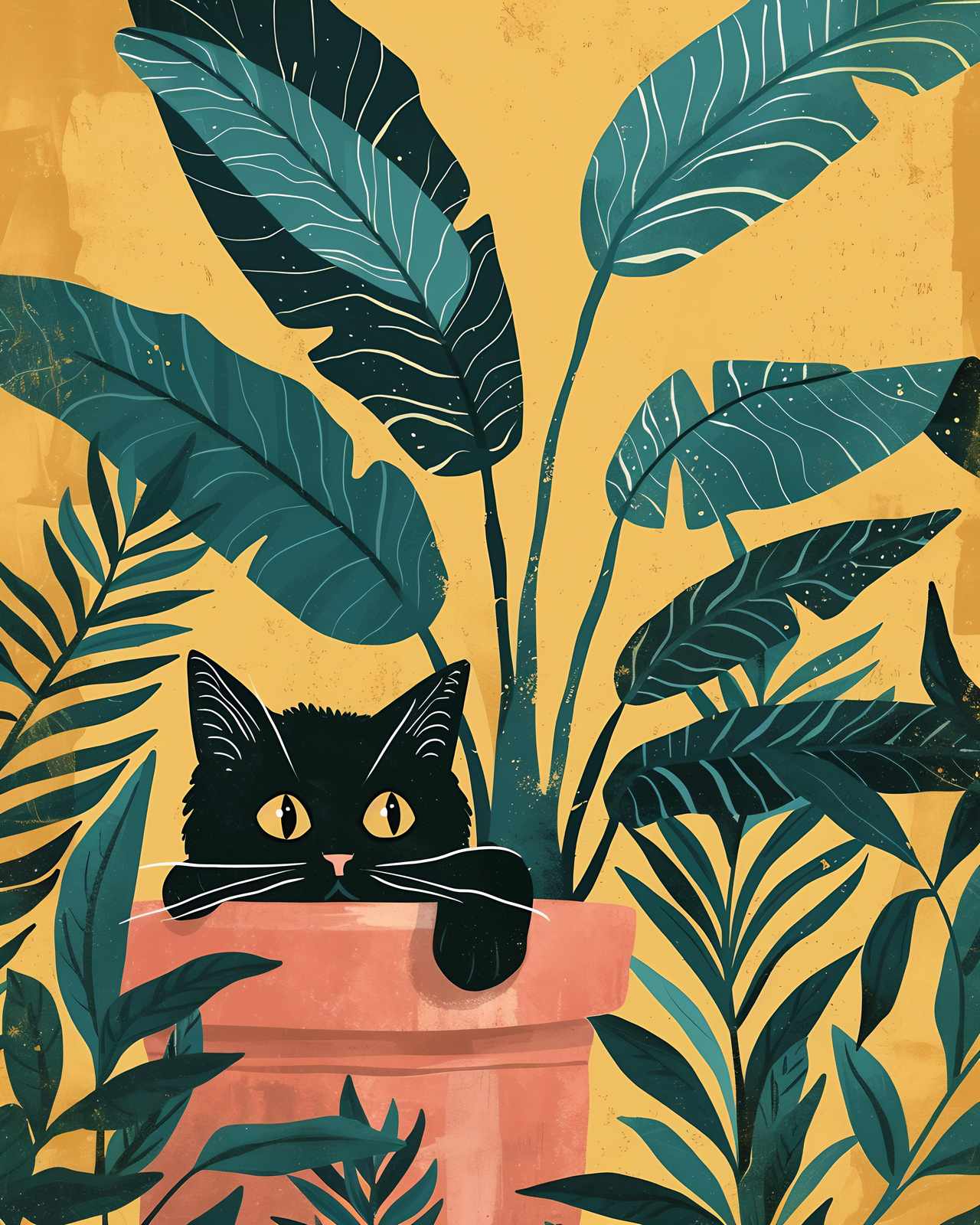 Black Cat Jungle Plant Wall Art