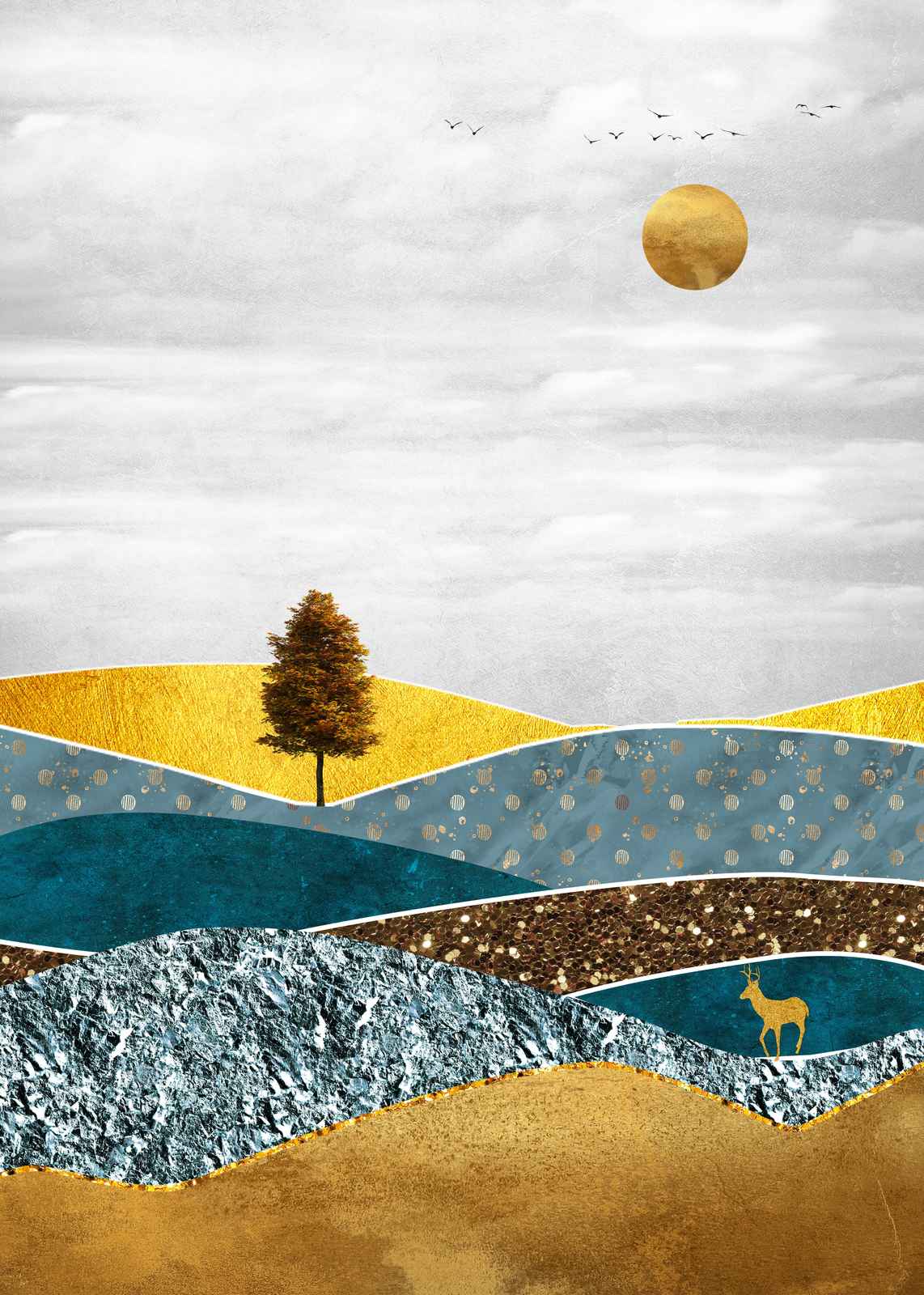 Golden Deer Landscape Abstract Wall Art