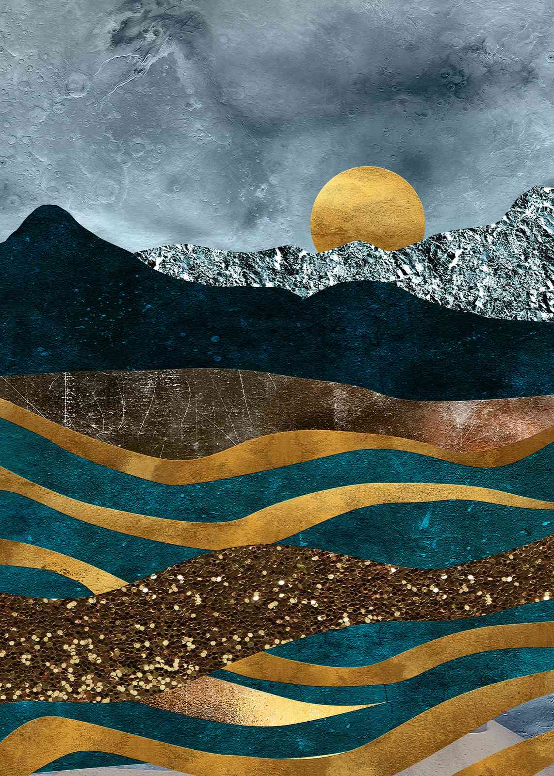 Abstract Gold Teal Mountain Landscape Wall Art