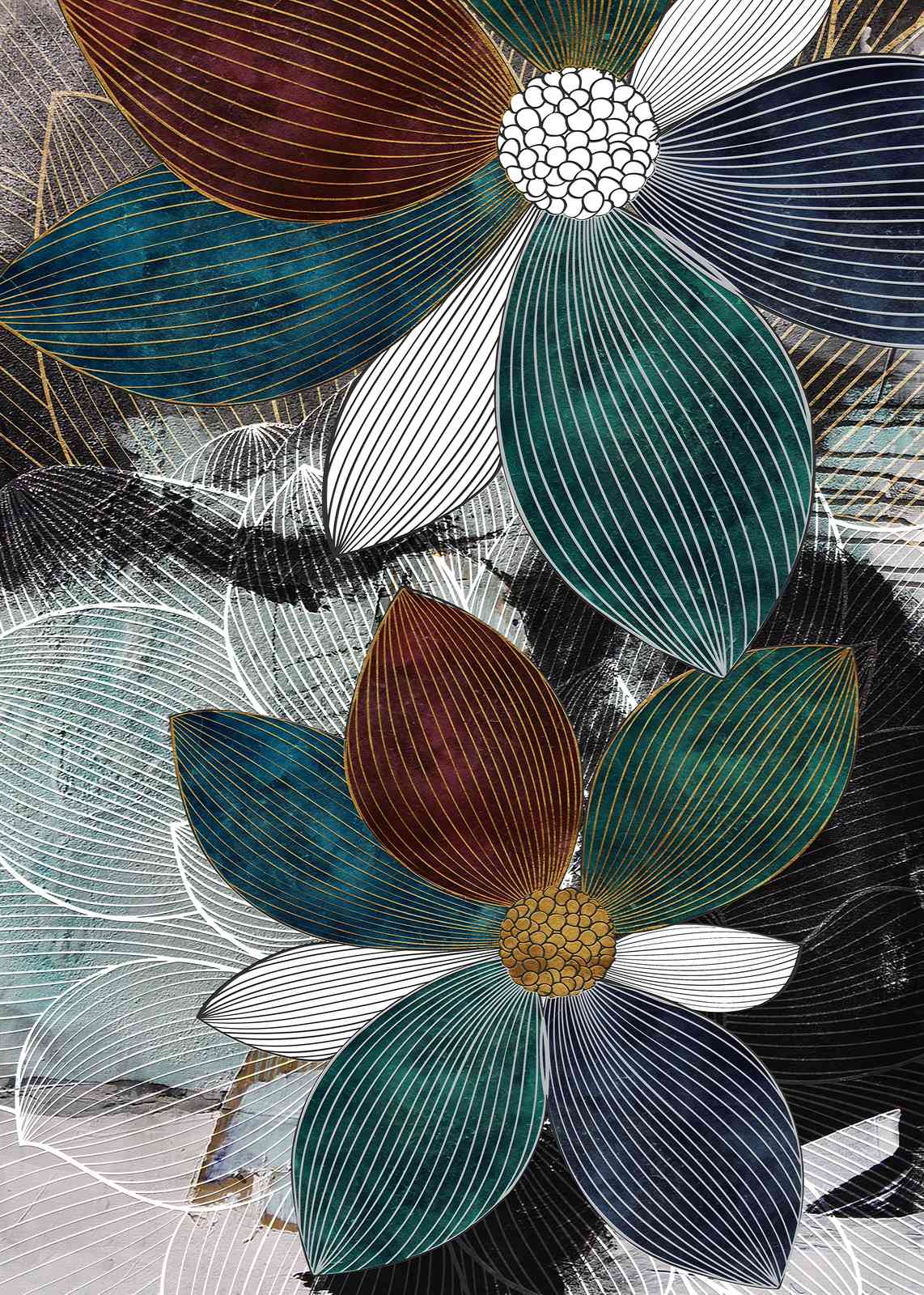 Modern Floral Bloom Gold Line Art Wall Art