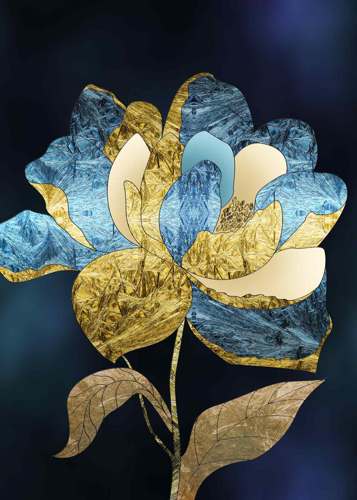 Abstract Gold Blue Floral Wall Art