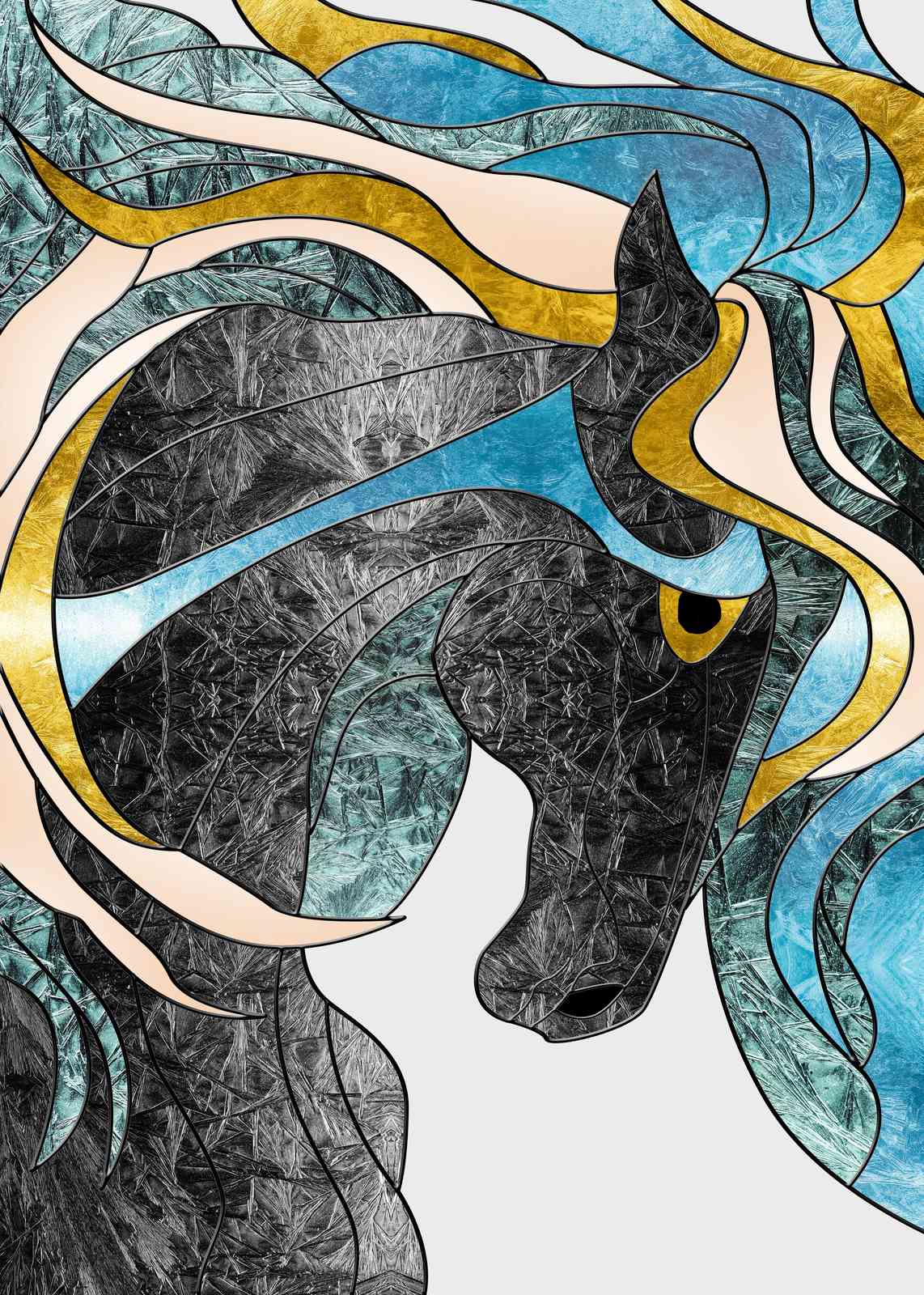 Majestic Black Horse Abstract Gold Blue Wall Art