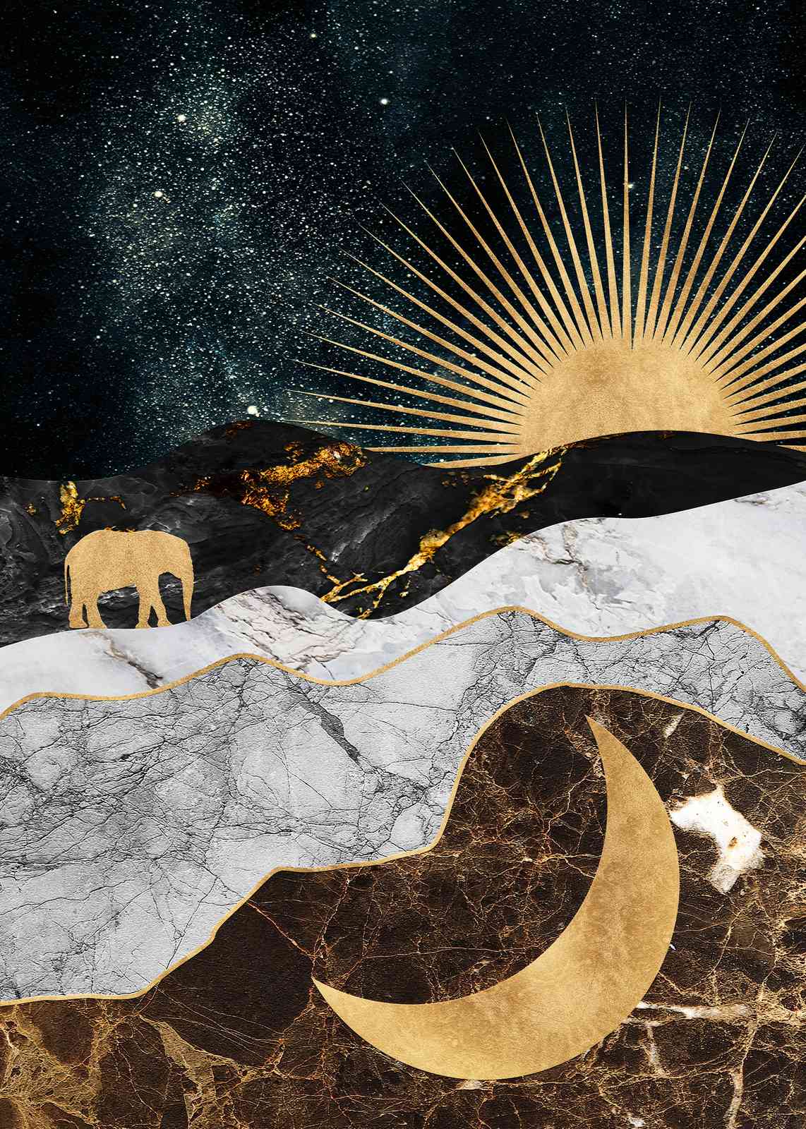 Majestic Elephant Gold Sun Moon Wall Art