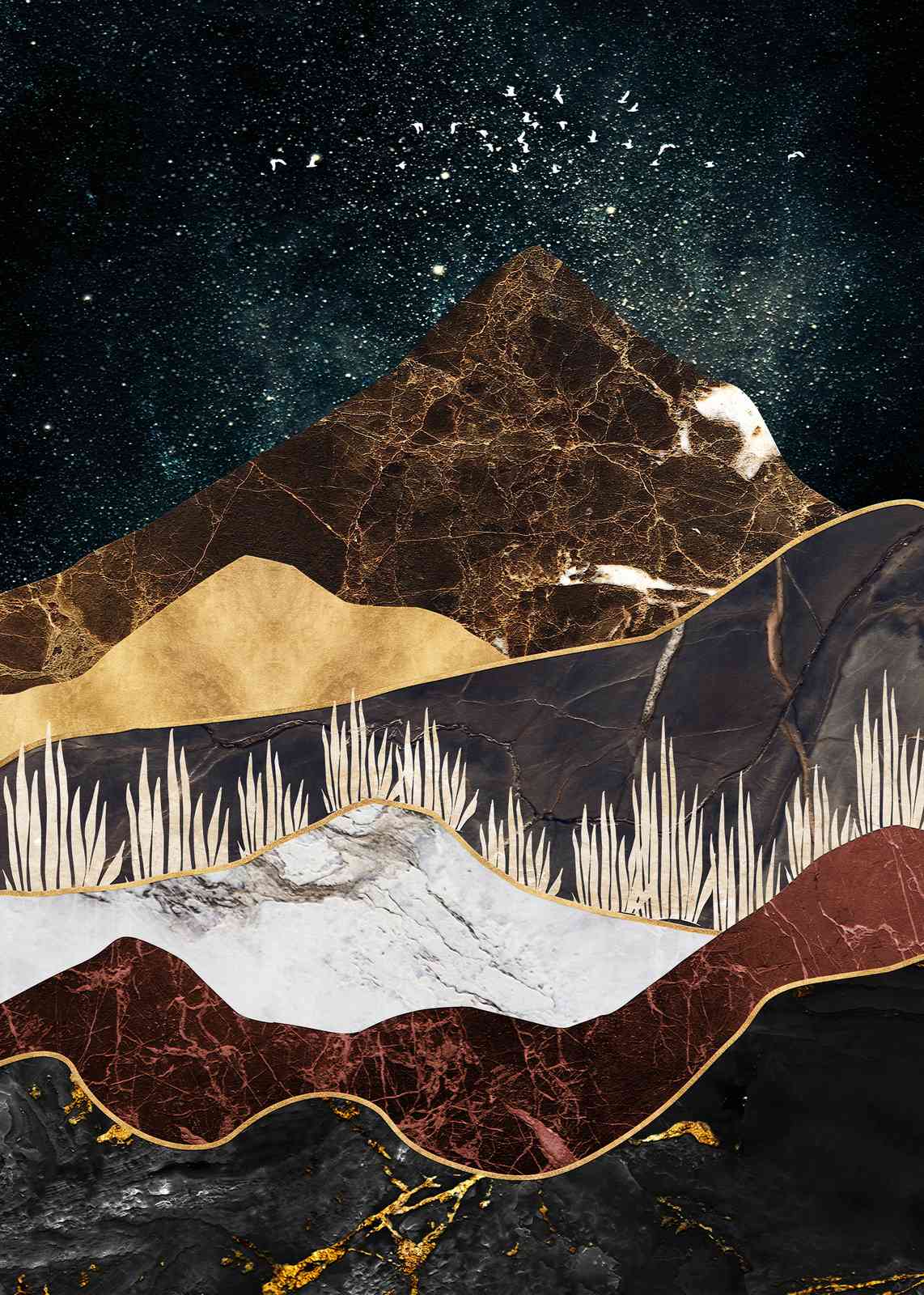 Geometric Marble Mountain & Stars Wall Art