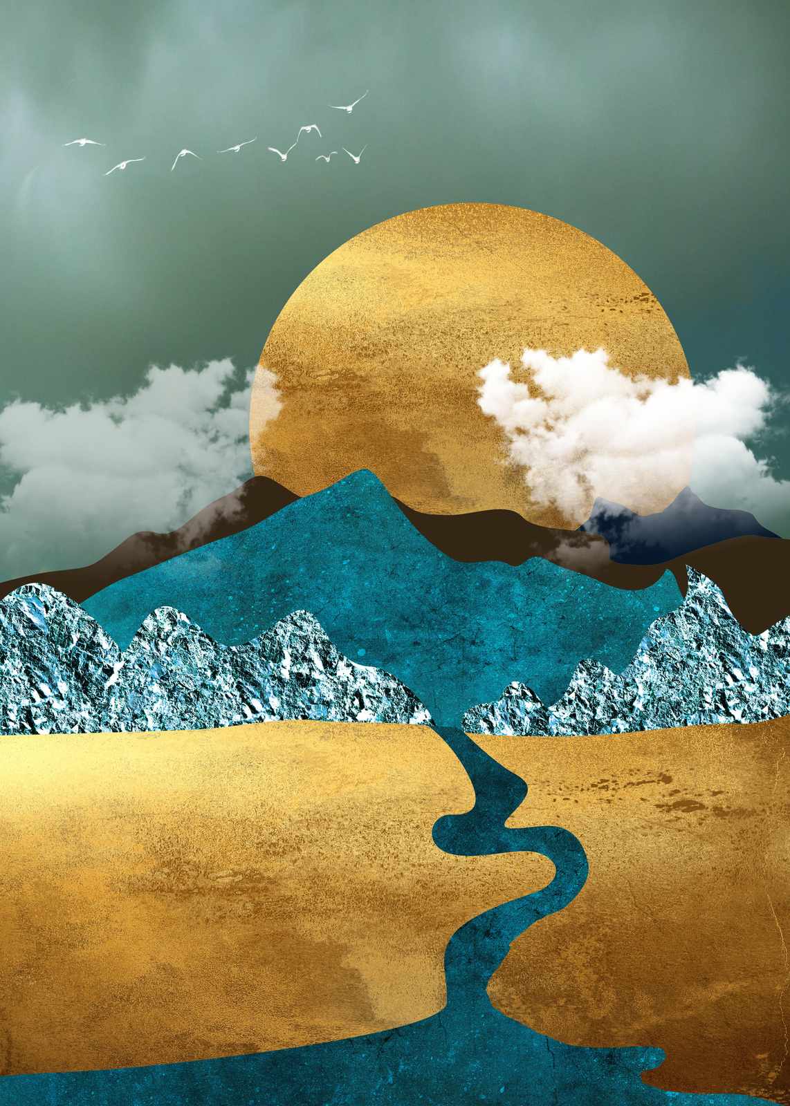 Gold Sun Mountain River Teal Landscape Wall Art