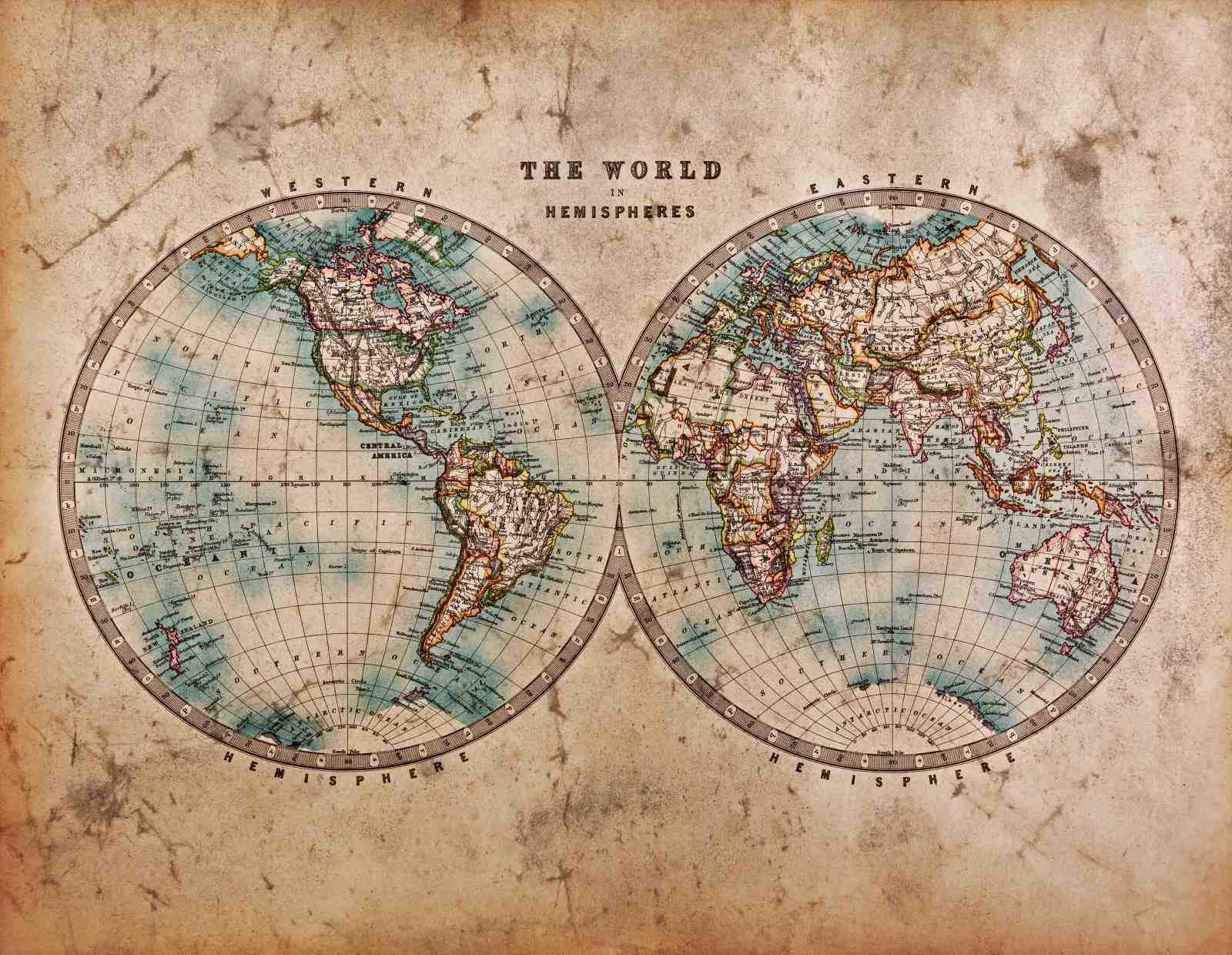 Vintage World Map Hemispheres Wall Art