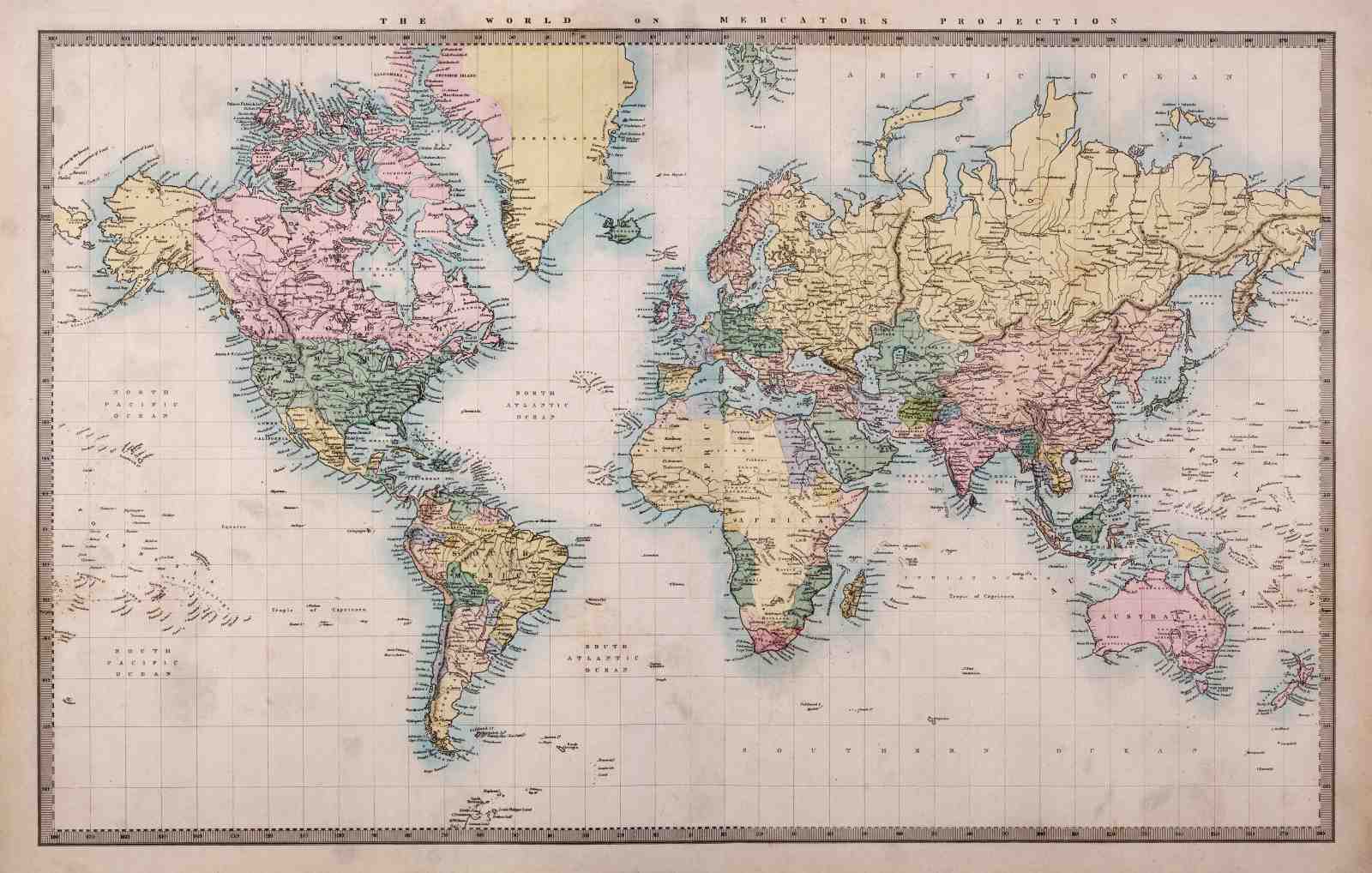 Vintage World Map Mercator Projection Wall Art